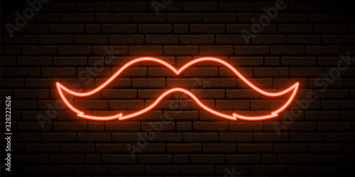 Retro mustache neon sign. Shiny ginger mustache on dark brick wall background. Concept design for St. Patrick’s day. Vector illustration.