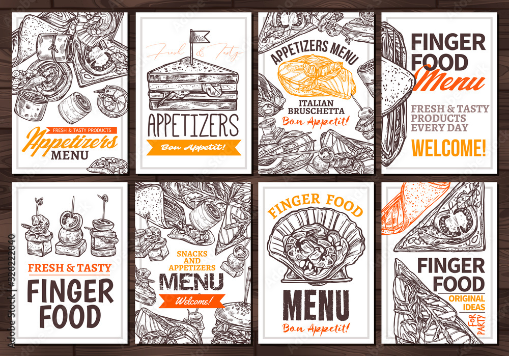 Vector sketch collection of finger food posters or cards. Set of templates and design for appetizer, catering, fourchette, refections with hand drawn food illustrations for menu