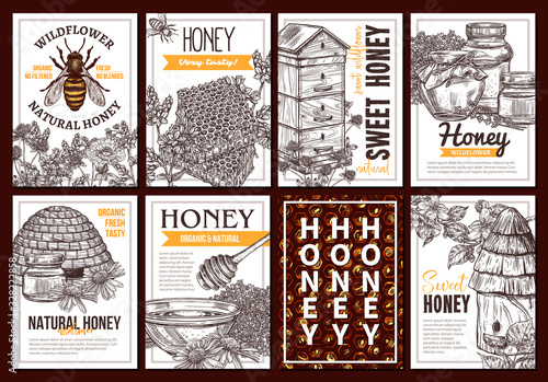 Vector sketch collection of honey posters or cards. Set of templates and design for beekiping business with hand drawn illustrations