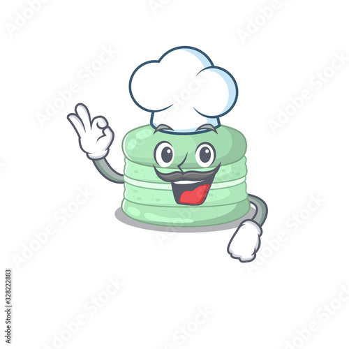 Pistachio macaron cartoon character working as a chef and wearing white hat