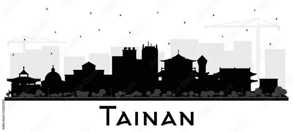 Tainan Taiwan City Skyline Silhouette with Black Buildings Isolated on White.