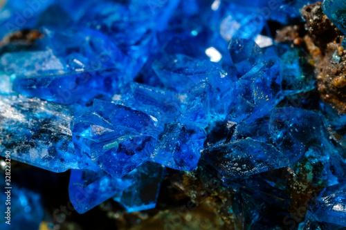 Crystals of blue vitriol in macro view.