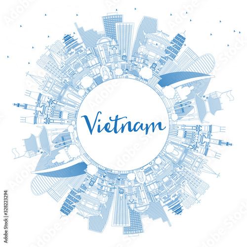 Outline Vietnam City Skyline with Blue Buildings and Copy Space.