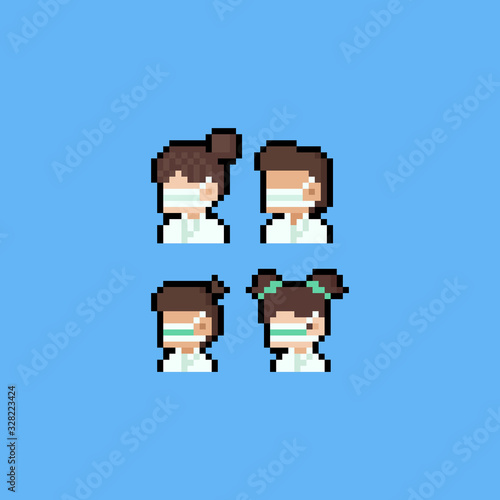 Pixel art people wearing mask icon set.