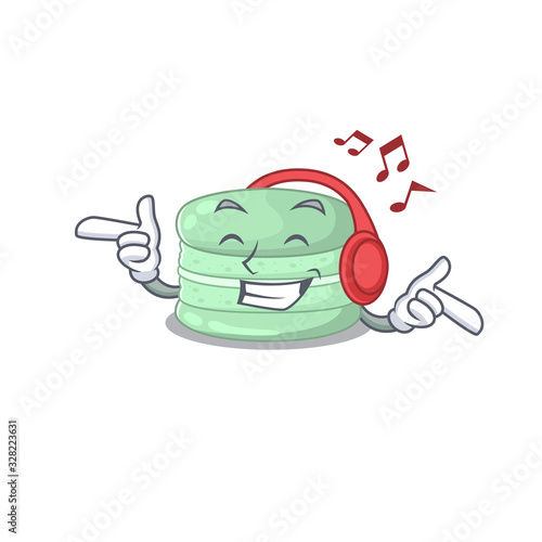Listening music pistachio macaron cartoon character concept