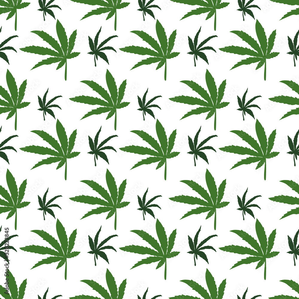 Vector seamless pattern of green cannabis leaves on a white background.