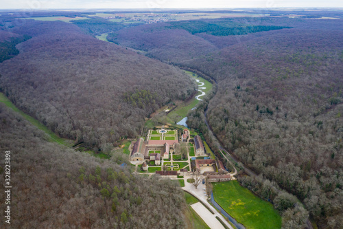 Aerial view of an ancient abbey in France, Abbaye de Fontenay (Fontenay Abbey) photo