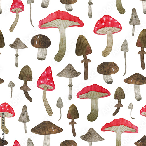 Watercolor seamless pattern with different mushrooms. Bright nature background with fly agaric, toadstool, brown boletus, boletus perfect for cover, children textile, wrapping.
