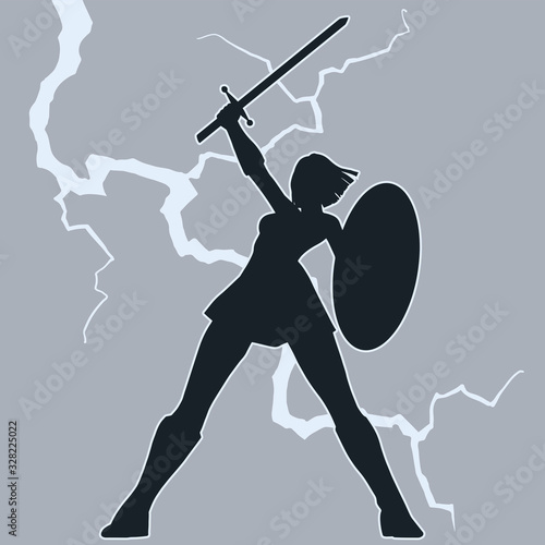 Original character silhouette illustration of an attractive and powerful woman standing in a winning pose with a sword and  a shield in her hands