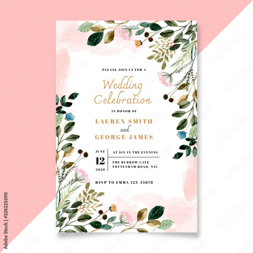 wedding invitation with floral and green leaves watercolor - obrazy, fototapety, plakaty 