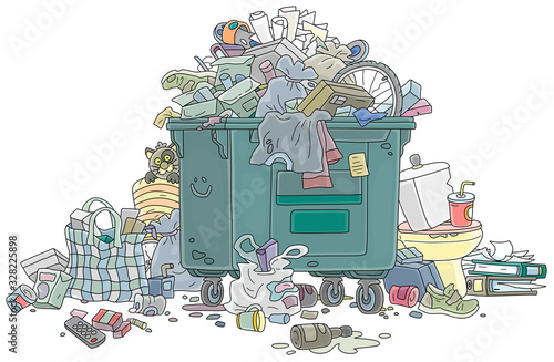 Crowded street litter bin with household garbage and waste, vector cartoon illustration on a white background
