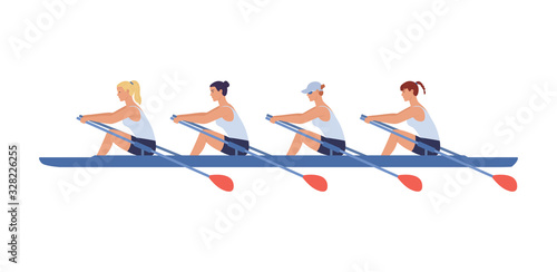 Four female athletes swim in a boat. Concept of competitions in academic women 's rowing. Vector illustration in flat design style.