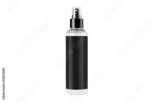 Tall transparent spray dispenser bottle for cosmetics product with black label, isolated, mock up for branding, advertising, presentation, design.