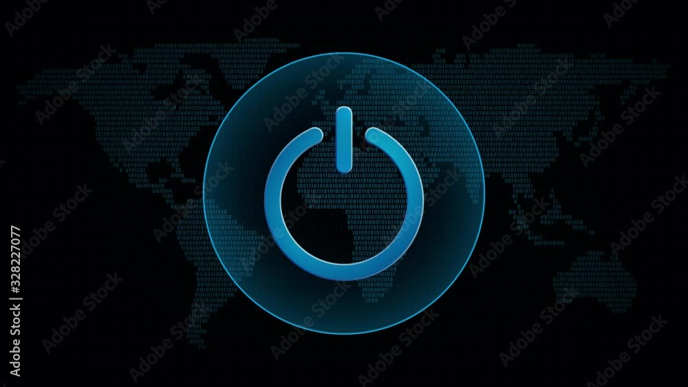 Power icon in global map with waves. Technology on/off symbol in digital background. Loop video animation.	