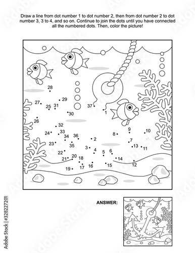 Connect the dots picture puzzle and coloring page, underwater life themed, with anchor, fish, seabed, algae. Answer included.