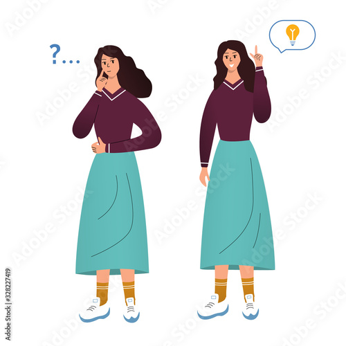  Pensive girl is thinking, question mark. Happy woman have idea, she found right decision. Cartoon character design, flat vector illustration.