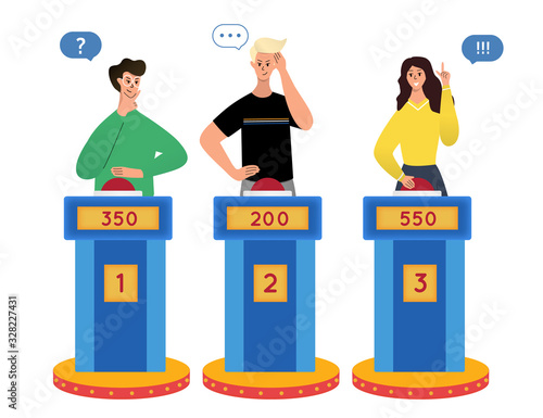 Clever intelligent people playing in TV quiz show.  Cartoon  isolated male and female characters  thinking, answering questions. Cartoon flat vector illustration.