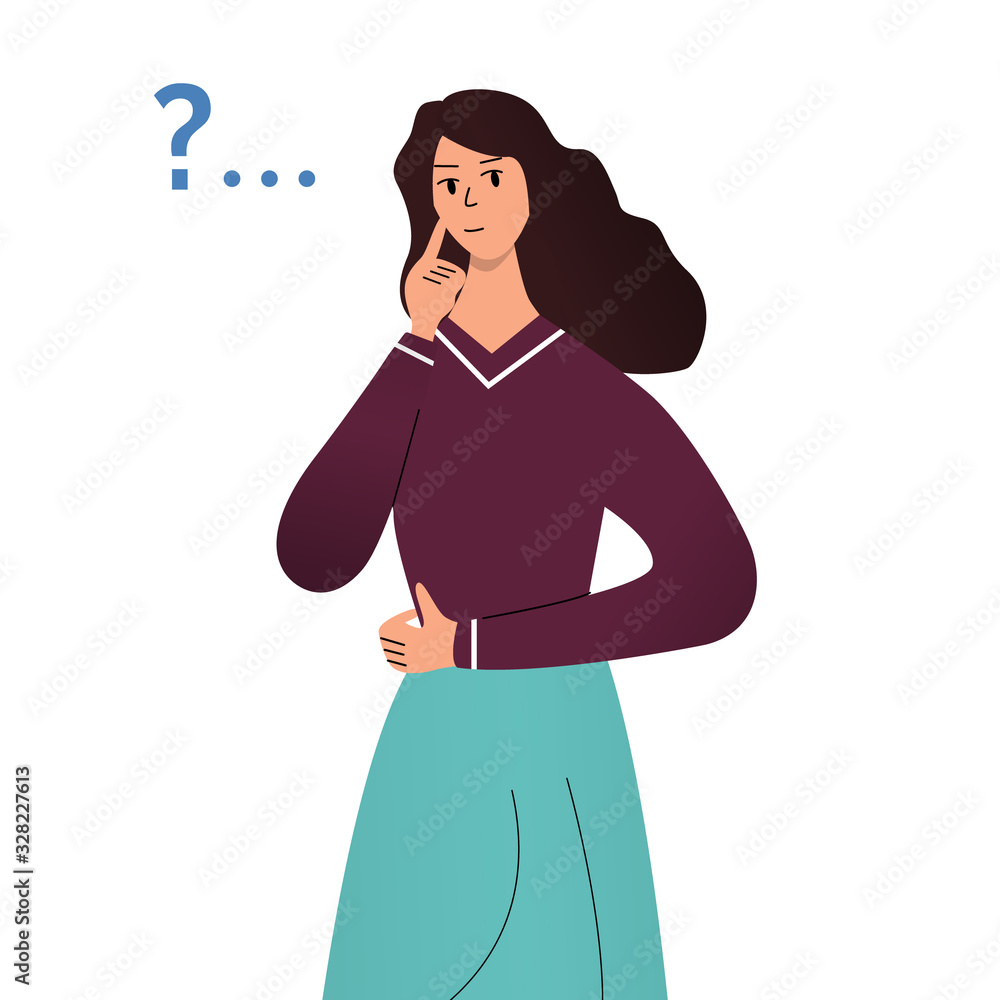 Pensive girl is thinking. Question mark. Woman have no idea, she trying to make right decision. Cartoon character design, flat vector illustration. Pensive girl is thinking. Question mark. Woman have no idea, she trying to make right decision. Cartoon character design, flat vector illustration.