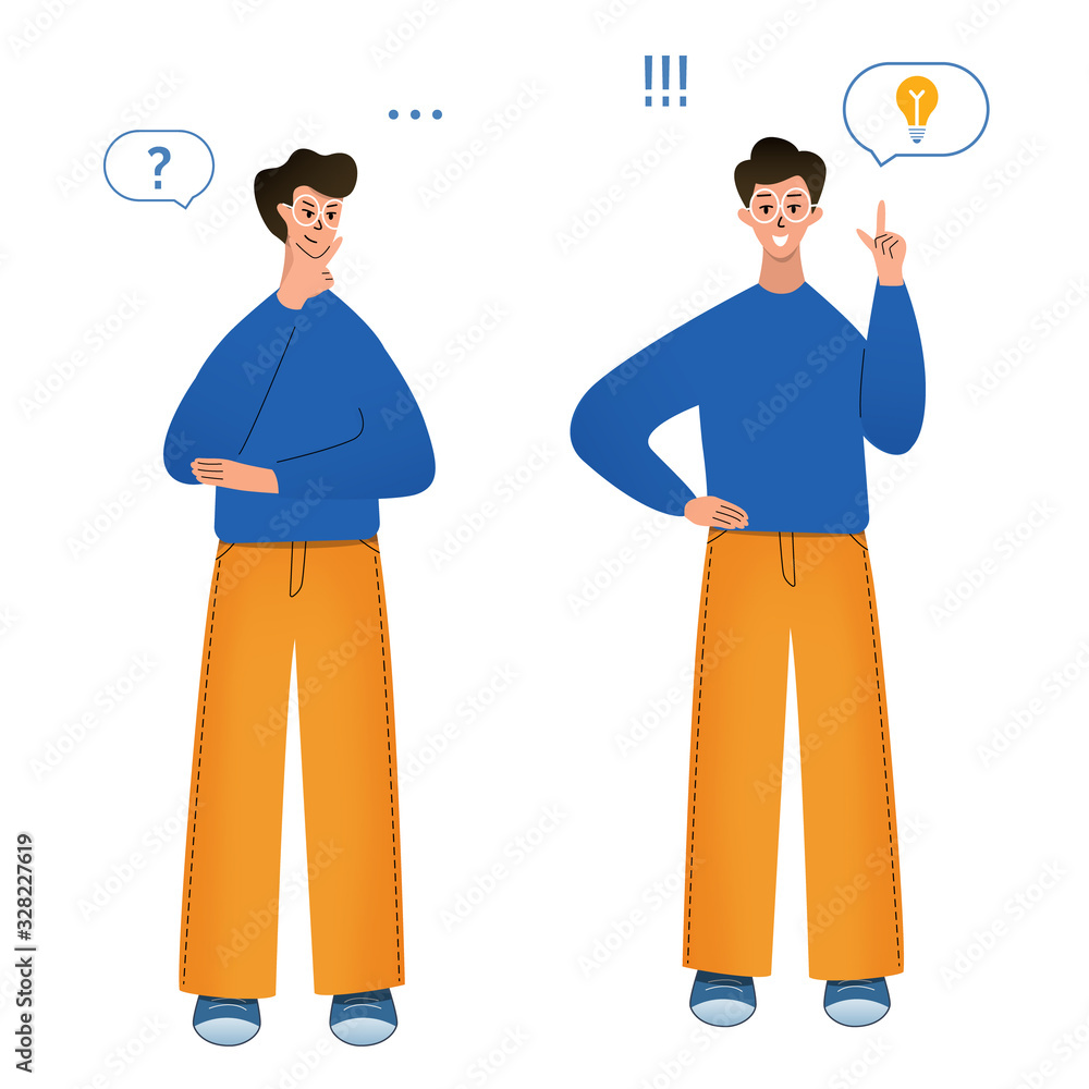 Pensive boy is thinking. Question mark. Happy man or student have idea, he found right decision. Bubble speech with bulb. Cartoon character design, flat vector illustration. Pensive boy is thinking. Question mark. Happy man or student have idea, he found right decision. Bubble speech with bulb. Cartoon character design, flat vector illustration.