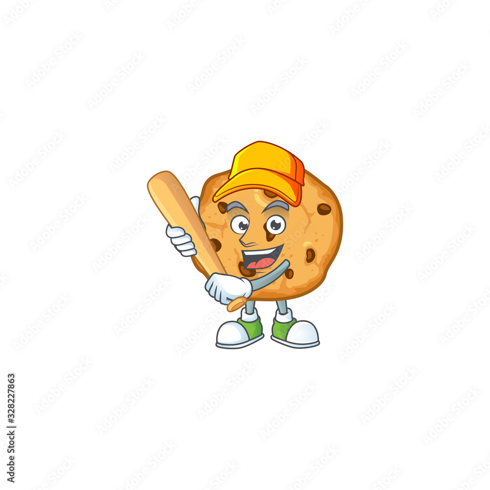 An active healthy chocolate chips cookies mascot design style playing baseball