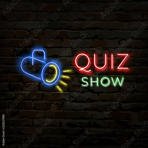 Quiz show neon logo symbol. Quiz pub poster or banner template for night or bar party with thematic brainy games, answering questions. Flat vector illustration.