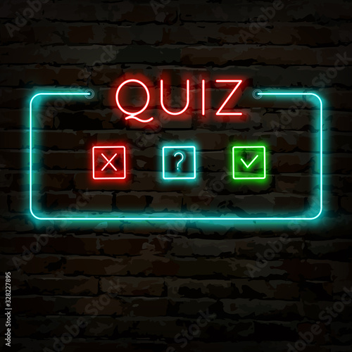 Quiz  neon logo symbol. Quiz pub poster or banner template for night or bar party with thematic brainy games, answering questions. Flat vector illustration.