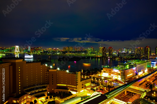 A dusk of bay area at the urban city in Ariake Tokyo high angle wide shot photo