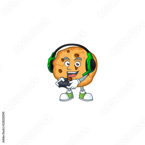 Chocolate chips cookies cartoon picture play a game with headphone and controller
