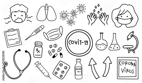 Coronavirus hand drawn doodle collection. Health Care icon, Corona Virus Disease (COVID-19) infographic design element vector illustration.