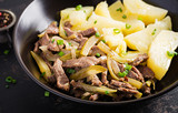 Stew beef, pieces of beef stewed with pickled cucumber in russian style. Beef stroganoff and boiled potatoes.
