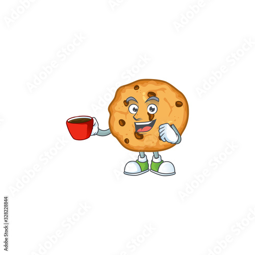 Cool chocolate chips cookies cartoon character with a cup of coffee