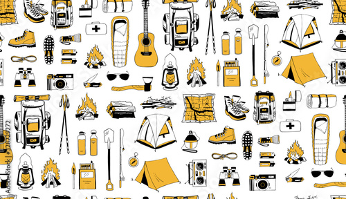 Vector seamless pattern with isolated elements in yellow, white, black colors. Positive endless texture. Hiking, camping. Backpack, boots, tent, compass, map, flashlight, camera, reusable bottle