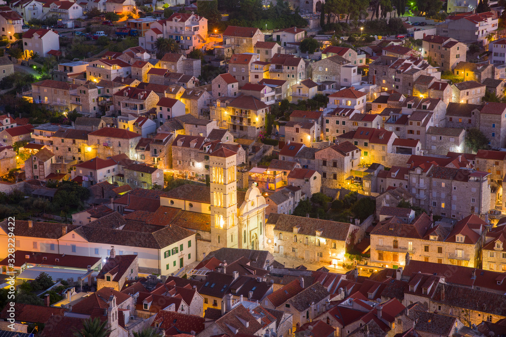 Obraz Aerial view on night panorama of old historic town of Split, Croatia. Old architecture and history that attracts many tourists each summer.