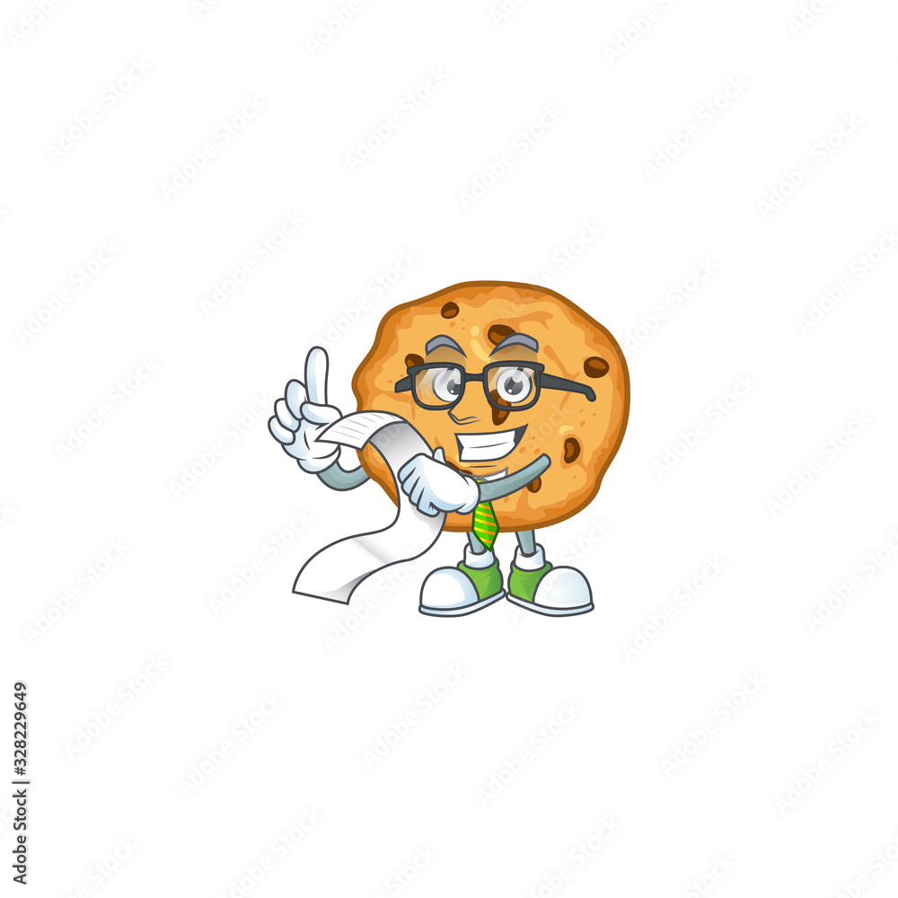 A funny face character of chocolate chips cookies holding a menu A funny face character of chocolate chips cookies holding a menu