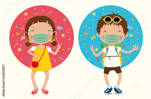 Children wearing protective Medical mask for prevent virus, illustration, vector