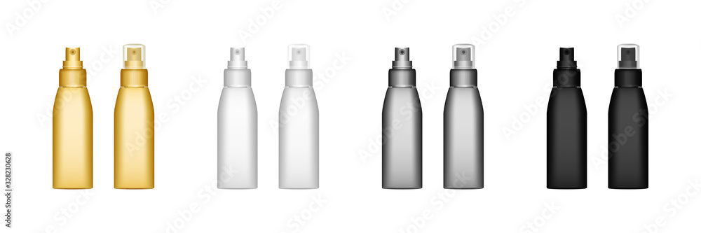 Set of realistic 3d spray bottle mockups isolated on white background Set of realistic 3d spray bottle mockups isolated on white background