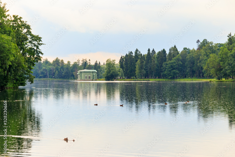 View of a lake with pavilion of Venus on Island of Love in Gatchina park, Russia