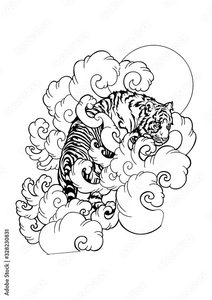 Tiger walk in cloud oriental Japanese or Chinese tattoo doodle illustration  vector with white background Stock Vector | Adobe Stock