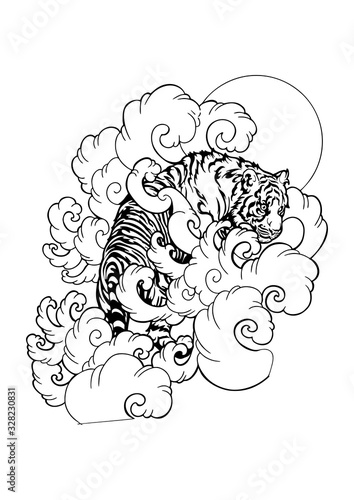Tiger walk in cloud oriental Japanese or Chinese tattoo doodle illustration vector with white background 