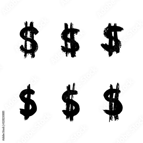Dollar sign icon of ink brushstrokes. Vector grunge punctuation mark At symbol