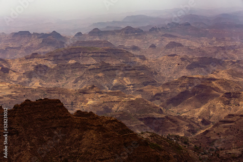 Landscape of beautiful Semien or Simien Mountains National Park landscape in Northern Ethiopia. Africa wilderness. Mountain hiking concept.