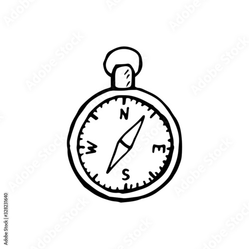 Compass outline hand drawing isolated on white background. Vector stock illustration.