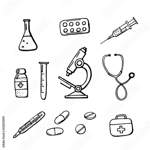 Medicine elements set isolated on white background. Hand drawing outline. Vector stock illustration.
