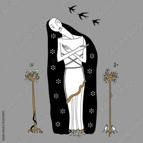 Isolated vector illustration. Ancient Greek goddess Persephone. Female archetype. Metaphor for spring and renewal of nature. Hand drawn original style art.