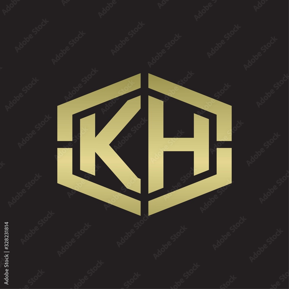 KH Logo monogram with hexagon shape and piece line rounded design tamplate on gold colors KH Logo monogram with hexagon shape and piece line rounded design tamplate on gold colors