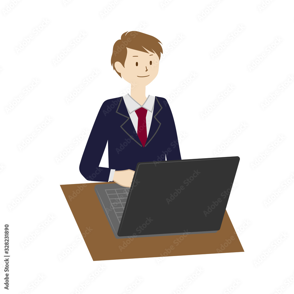 Illustration of a male student using a laptop