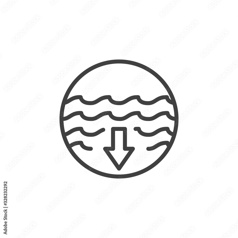 Warning deep water line icon. linear style sign for mobile concept and web design. Sea water and arrow down outline vector icon. Symbol, logo illustration. Vector graphics Warning deep water line icon. linear style sign for mobile concept and web design. Sea water and arrow down outline vector icon. Symbol, logo illustration. Vector graphics