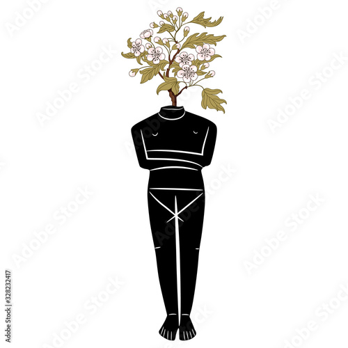 Isolated vector illustration. Ancient Greek headless figurine of goddess with blooming hawthorn branch as head. Creative concept for spring and renewal of nature. Cycladic idol.