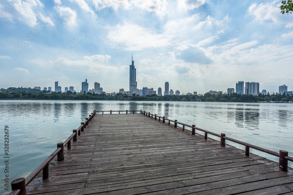 modern nanjing city skyline with the beautiful lake