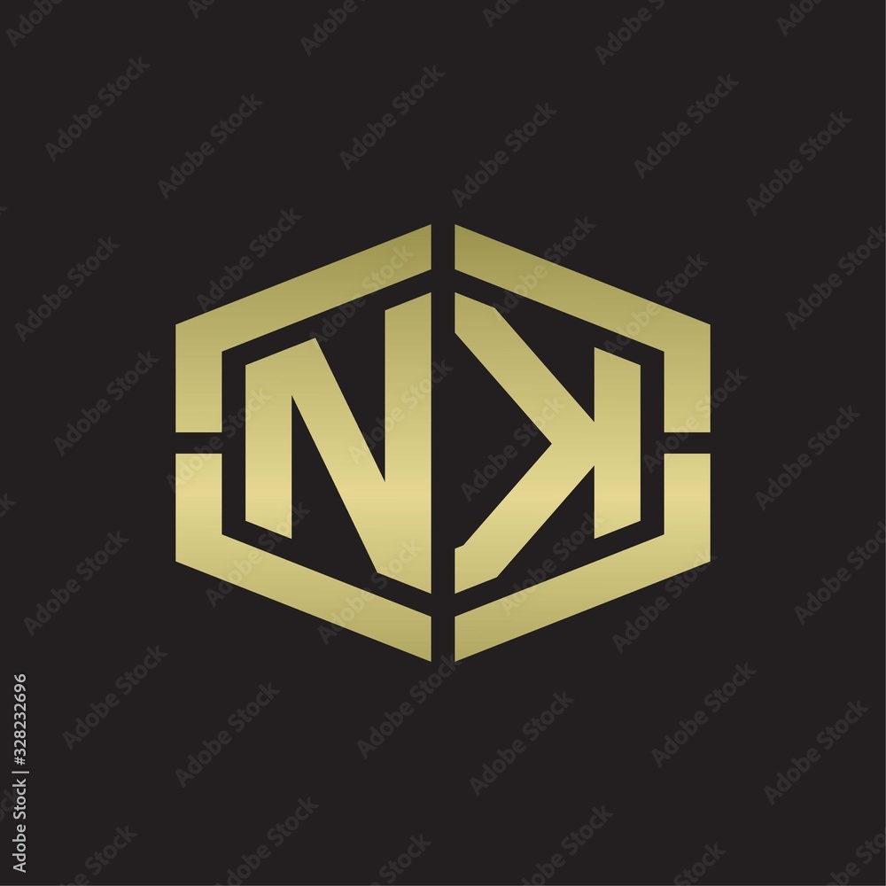 NK Logo monogram with hexagon shape and piece line rounded design tamplate on gold colors NK Logo monogram with hexagon shape and piece line rounded design tamplate on gold colors